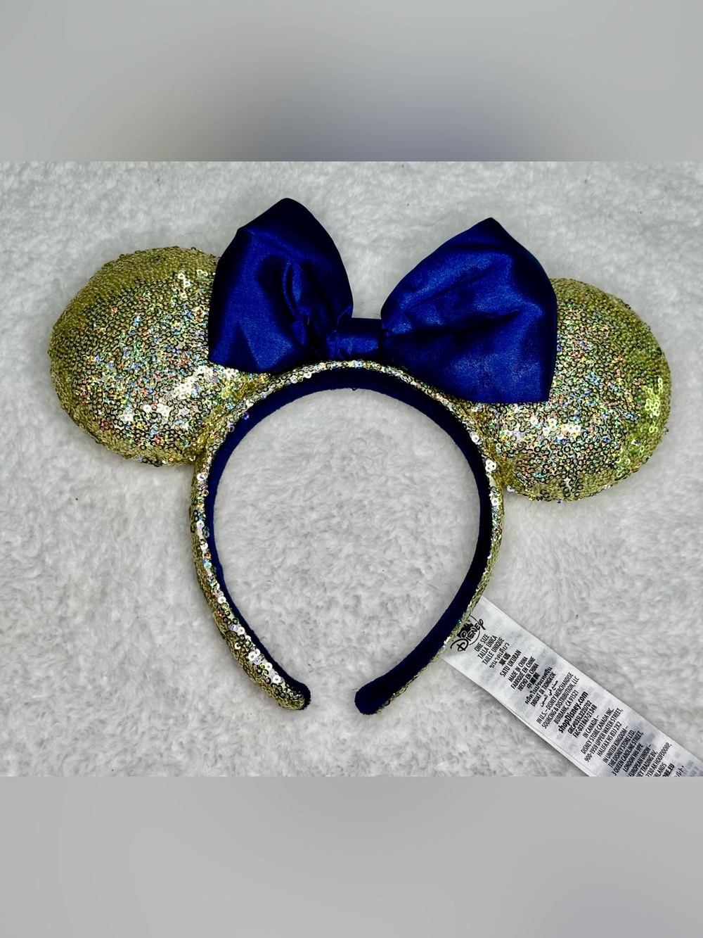 Disney WDW 50th Anniversary Gold Sequin & Blue Bow Minnie Mouse Ears Headband